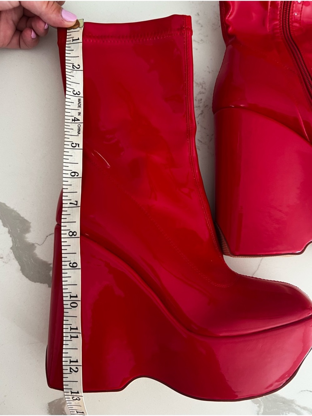Bold Red Patent Platform Wedge Ankle Boots - Picture 2 of 11